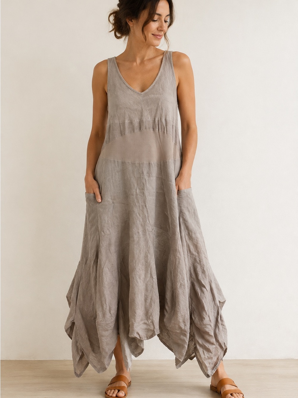 V-Neck Taupe Maxi Dress with Handkerchief Hem Inizio Italian
